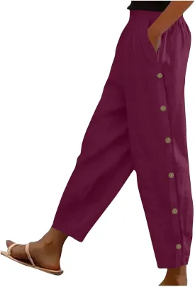 Women Summer Linen Pants Lightweight Elastic Waist Pants Vacation Beach Trouser Side Button Closure Joggers
