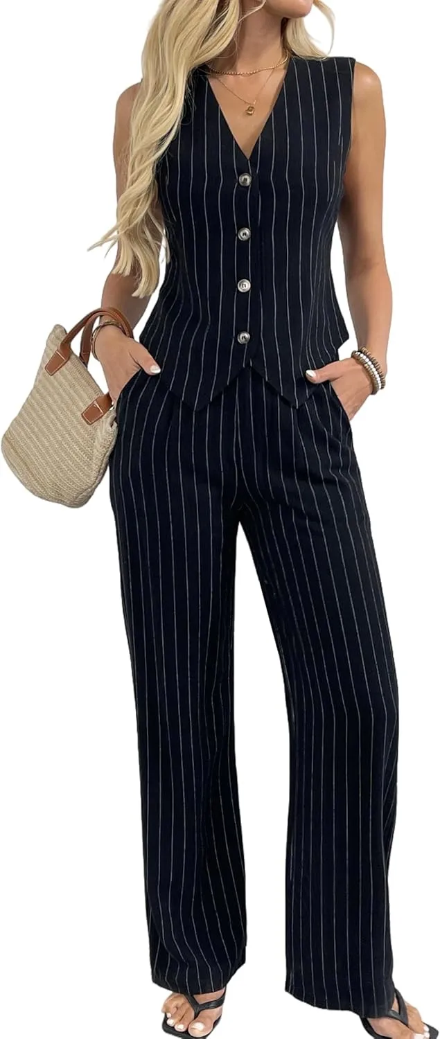 Women's 2 Piece Outfits Linen Vest Waistcoat Dressy Casual Sets Wide Leg Pants Suits