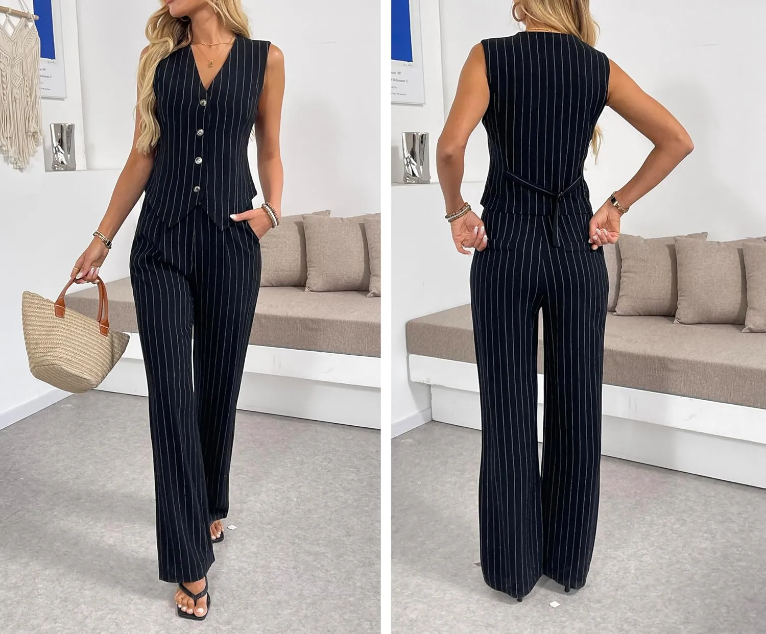 Women's 2 Piece Outfits Linen Vest Waistcoat Dressy Casual Sets Wide Leg Pants Suits