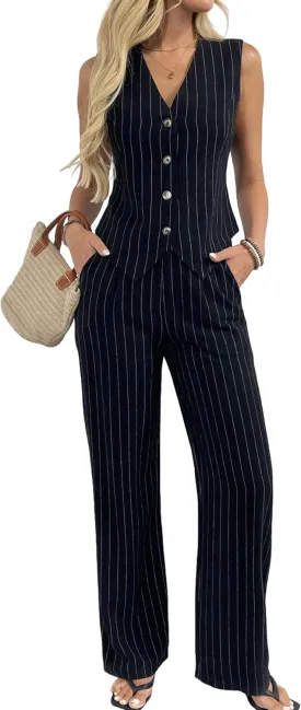 Women's 2 Piece Outfits Linen Vest Waistcoat Dressy Casual Sets Wide Leg Pants Suits