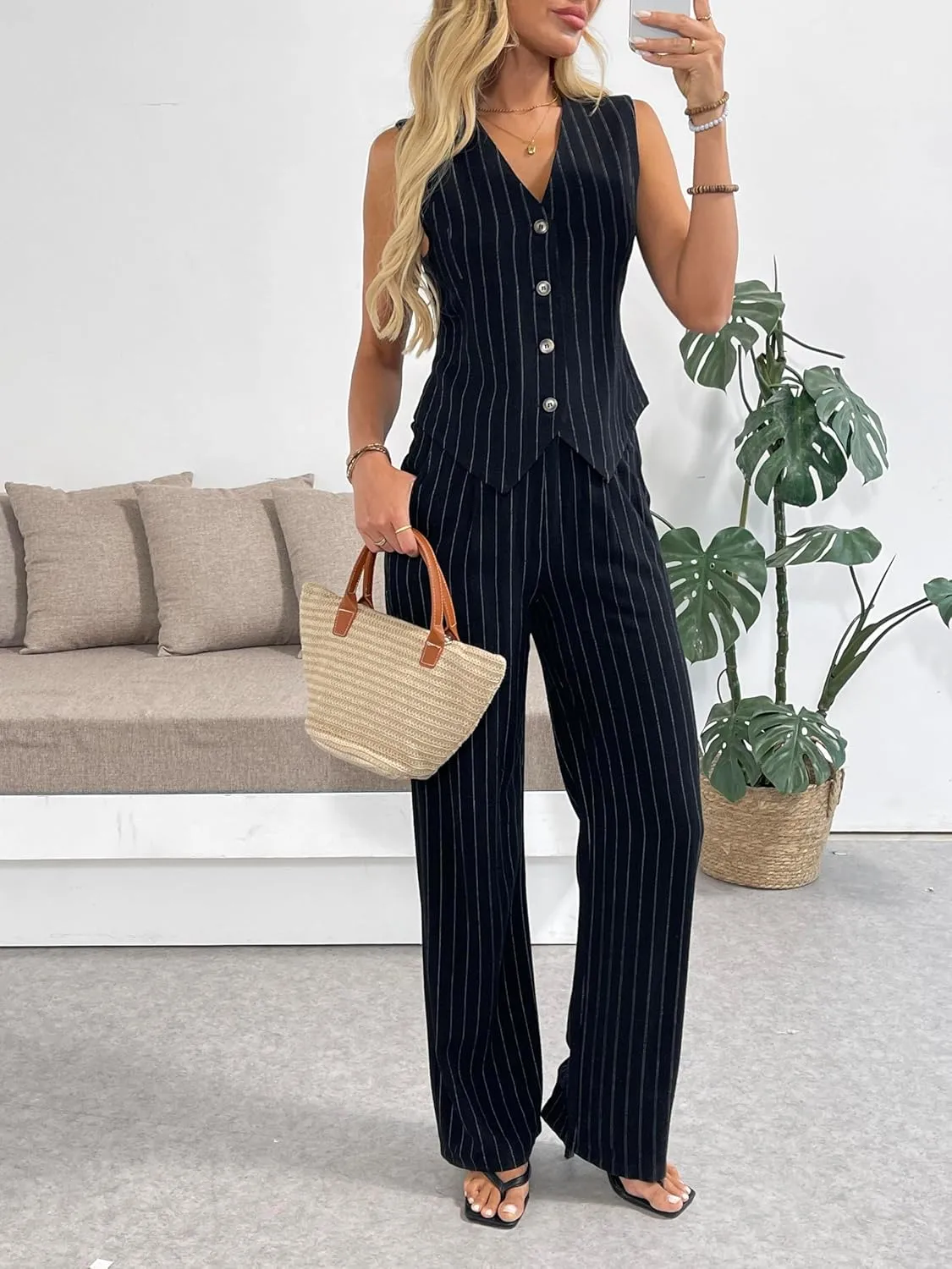 Women's 2 Piece Outfits Linen Vest Waistcoat Dressy Casual Sets Wide Leg Pants Suits