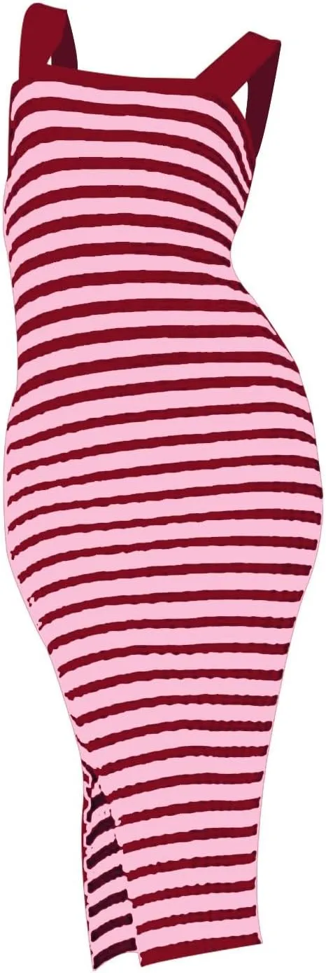 Women's 2025 Summer Spring Bodycon Midi Dress Vacation Sleeveless Ribbed Knit Striped Party Sweater Dresses