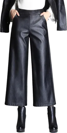Women's Faux PU Leather Pants High Waist Wide Leg Trousers Culottes