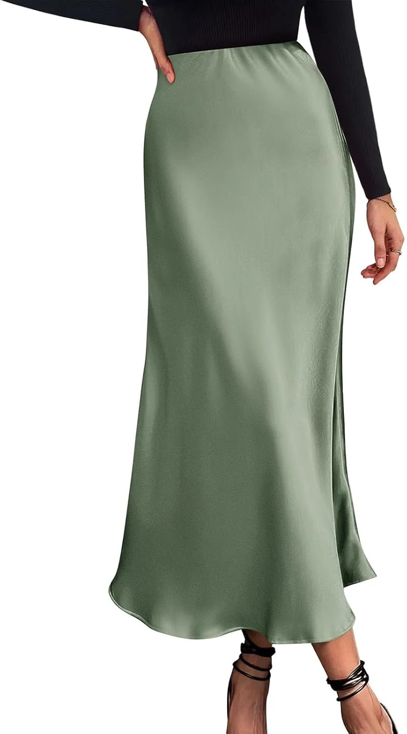 Womens High Waist Midi Skirts Summer Spring Elegant Satin Silk A-Line Skirts Dressy Flowy Cocktail Party Wedding Skirt