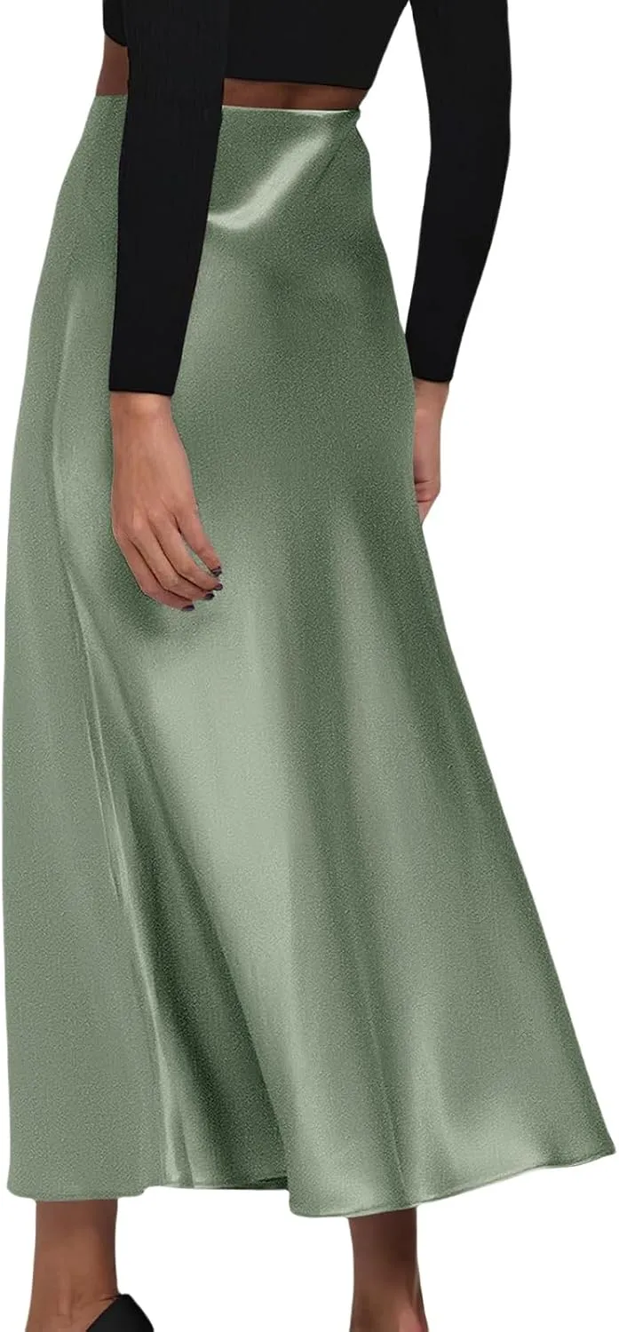 Womens High Waist Midi Skirts Summer Spring Elegant Satin Silk A-Line Skirts Dressy Flowy Cocktail Party Wedding Skirt