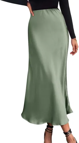 Womens High Waist Midi Skirts Summer Spring Elegant Satin Silk A-Line Skirts Dressy Flowy Cocktail Party Wedding Skirt