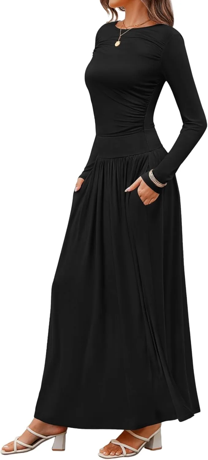 Women's Knitted Dresses Crewneck Long Sleeve Maxi Dress 2025 Casual Trendy Slim Swing Pleated Dresses with Pockets