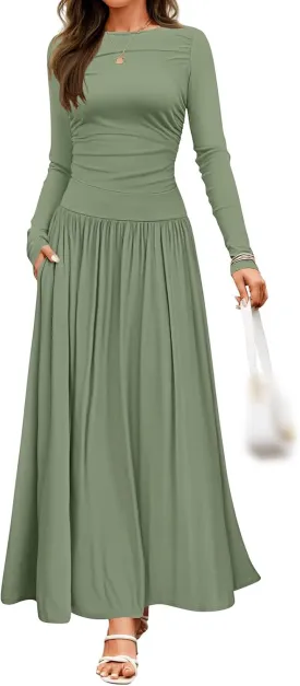 Women's Knitted Dresses Crewneck Long Sleeve Maxi Dress 2025 Casual Trendy Slim Swing Pleated Dresses with Pockets