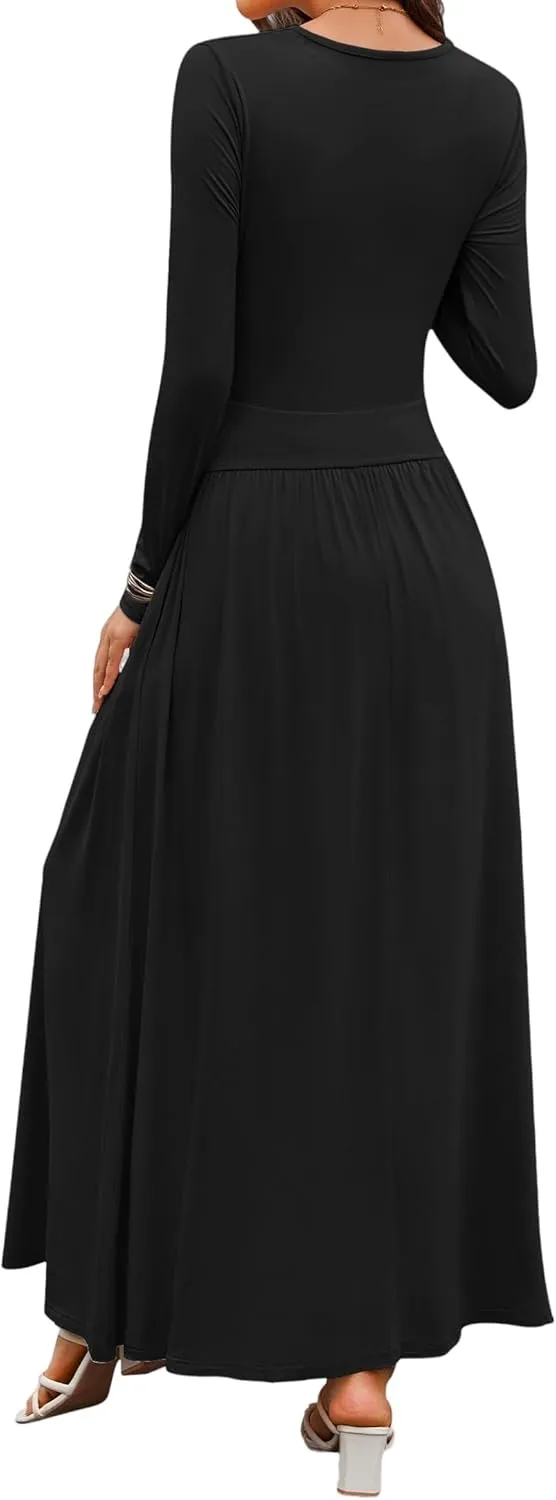 Women's Knitted Dresses Crewneck Long Sleeve Maxi Dress 2025 Casual Trendy Slim Swing Pleated Dresses with Pockets