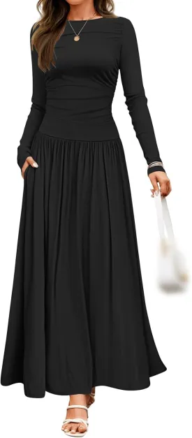 Women's Knitted Dresses Crewneck Long Sleeve Maxi Dress 2025 Casual Trendy Slim Swing Pleated Dresses with Pockets