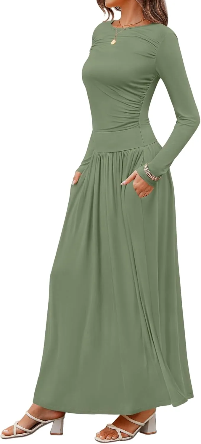 Women's Knitted Dresses Crewneck Long Sleeve Maxi Dress 2025 Casual Trendy Slim Swing Pleated Dresses with Pockets