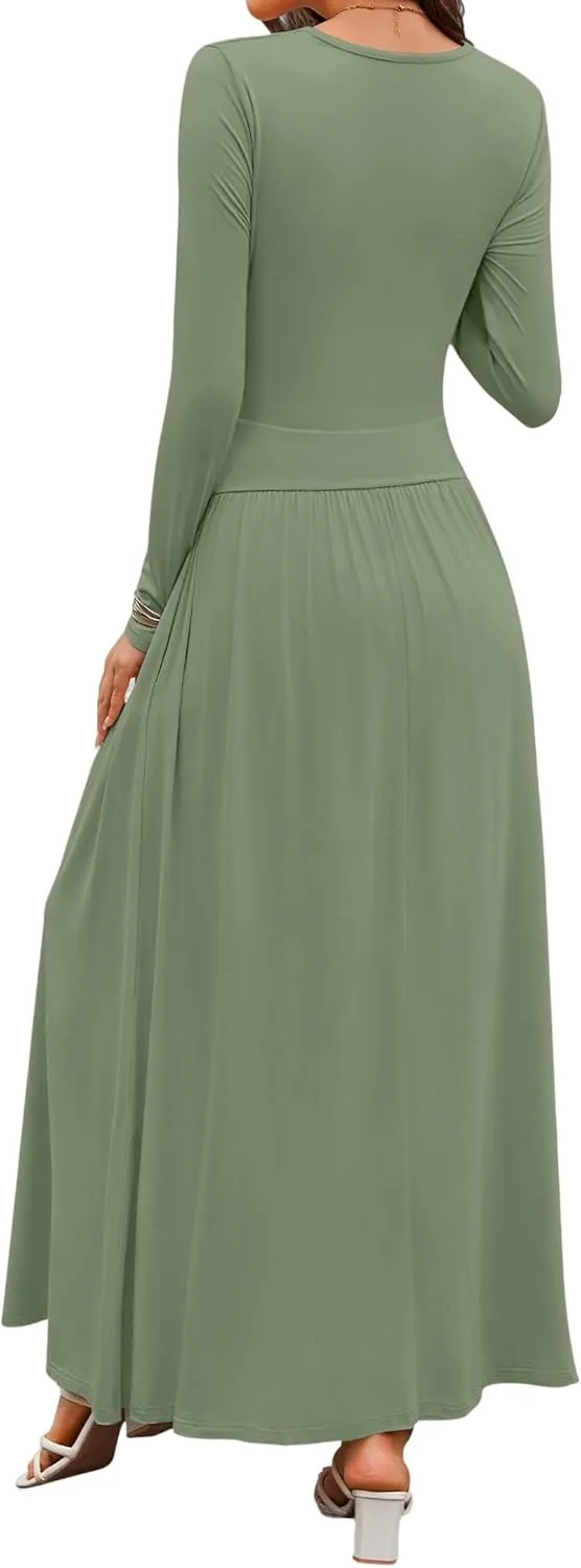 Women's Knitted Dresses Crewneck Long Sleeve Maxi Dress 2025 Casual Trendy Slim Swing Pleated Dresses with Pockets