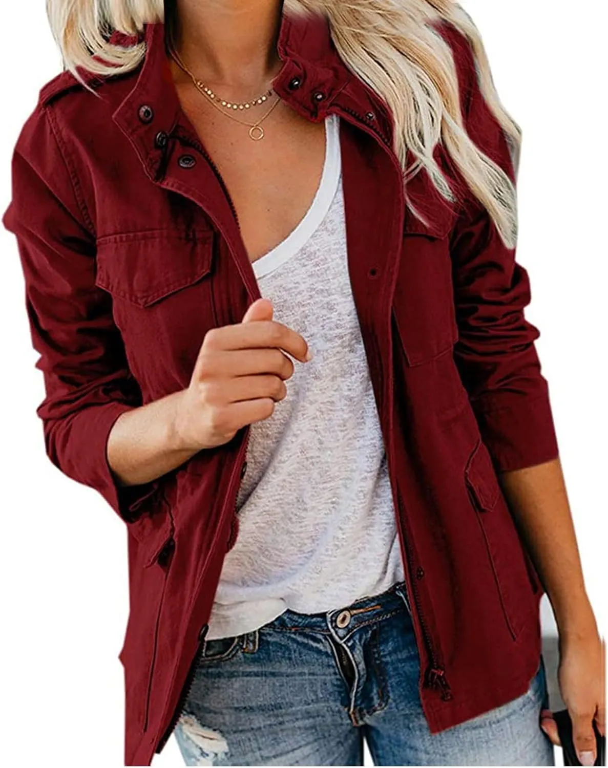 Women's Military Anorak Jackets Zip Up Parka Safari Utility Coats Snap Buttons Outerwear with Pocket