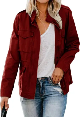 Women's Military Anorak Jackets Zip Up Parka Safari Utility Coats Snap Buttons Outerwear with Pocket