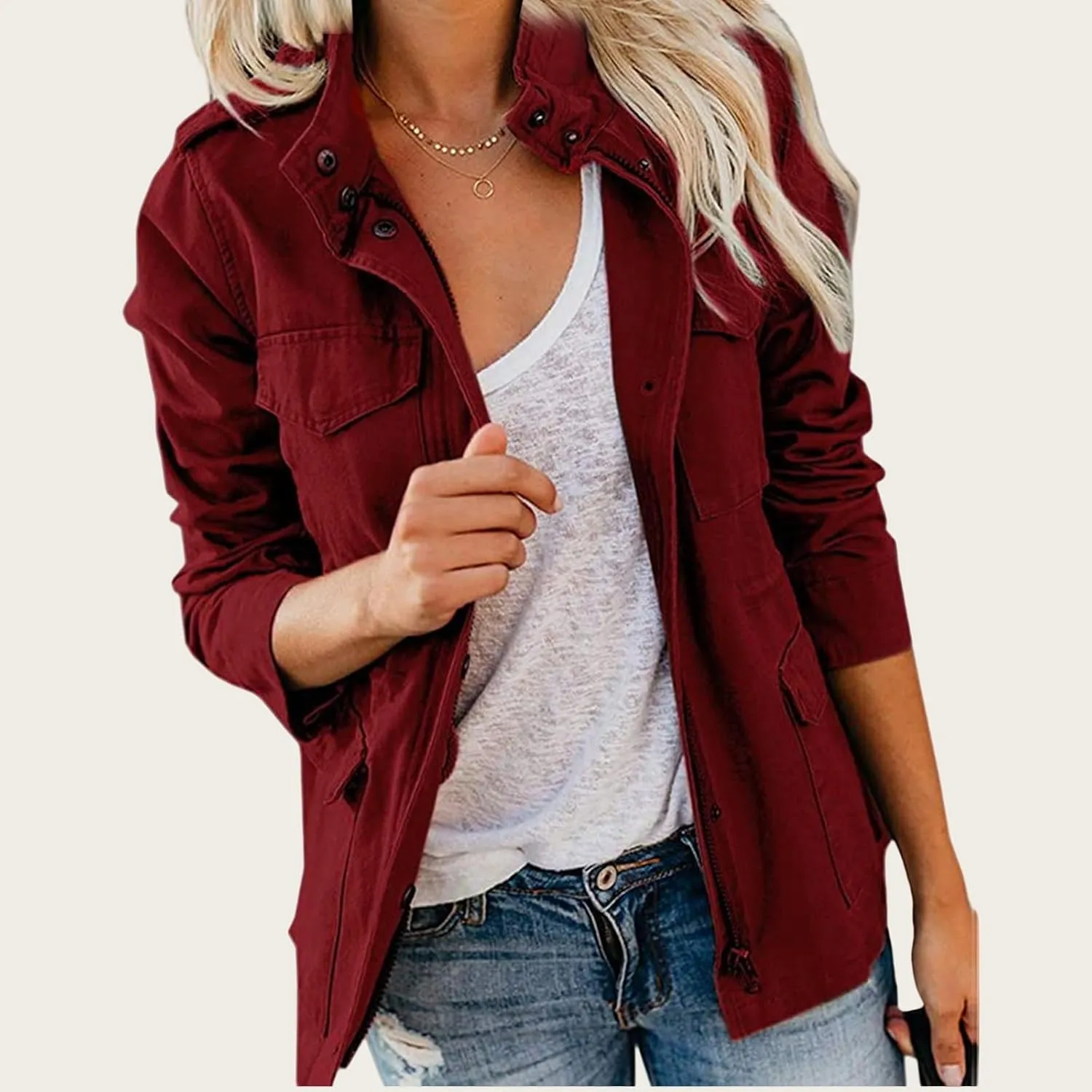 Women's Military Anorak Jackets Zip Up Parka Safari Utility Coats Snap Buttons Outerwear with Pocket