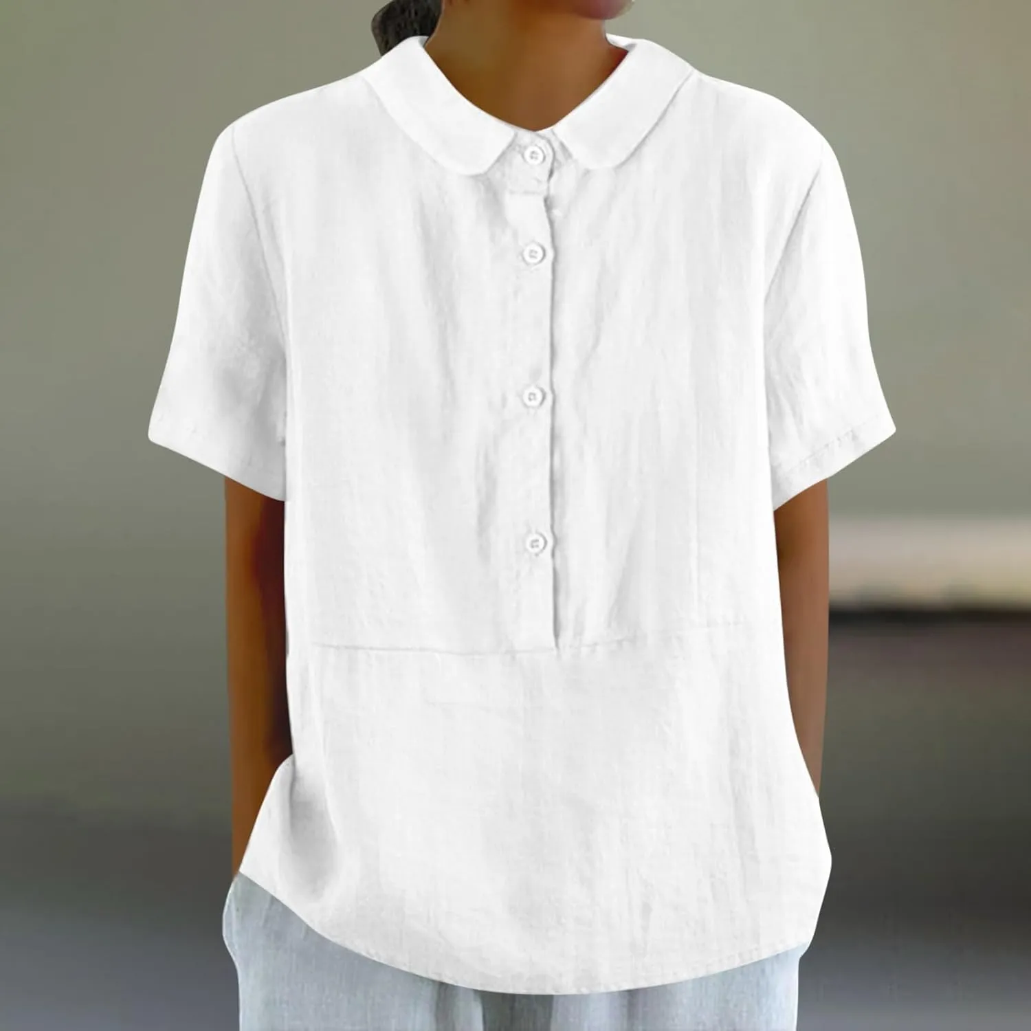 Women's Peter Pan Collar Short Sleeves Cotton Linen Shirt Tops Button Work Blouse Teen Girls Casual Loose Tunic Shirts