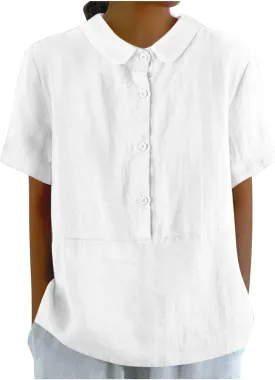 Women's Peter Pan Collar Short Sleeves Cotton Linen Shirt Tops Button Work Blouse Teen Girls Casual Loose Tunic Shirts