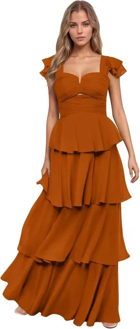 Women’s Ruffle Bridesmaid Dresses Long Chiffon Tiered Prom Dresses 2025 Pleated Flutter Sleeve Formal Evening Gown