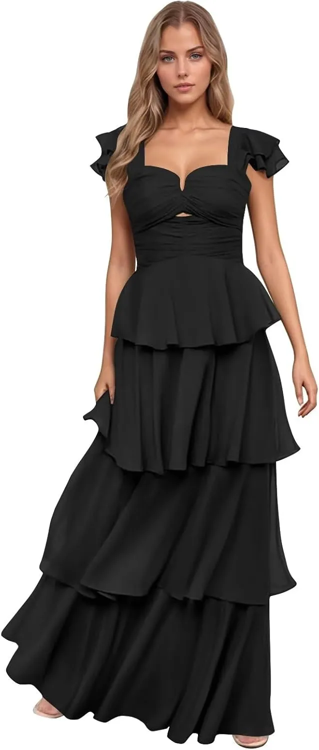 Women’s Ruffle Bridesmaid Dresses Long Chiffon Tiered Prom Dresses 2025 Pleated Flutter Sleeve Formal Evening Gown