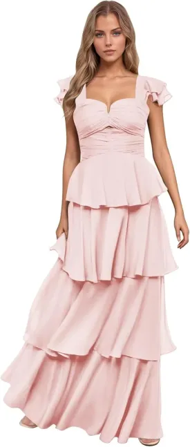 Women’s Ruffle Bridesmaid Dresses Long Chiffon Tiered Prom Dresses 2025 Pleated Flutter Sleeve Formal Evening Gown