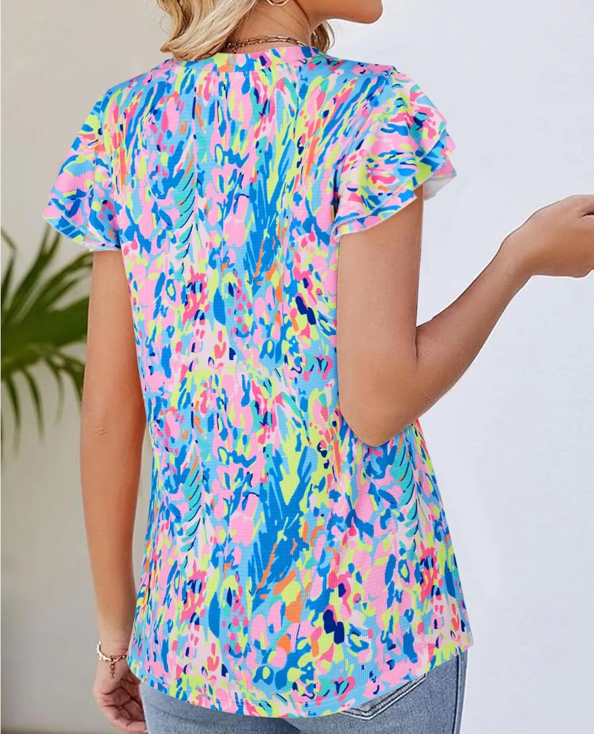 Womens Ruffle Sleeve Tops Summer Dressy Casual V Neck Tunics for Leggings Sleeveless Blouses Shirts