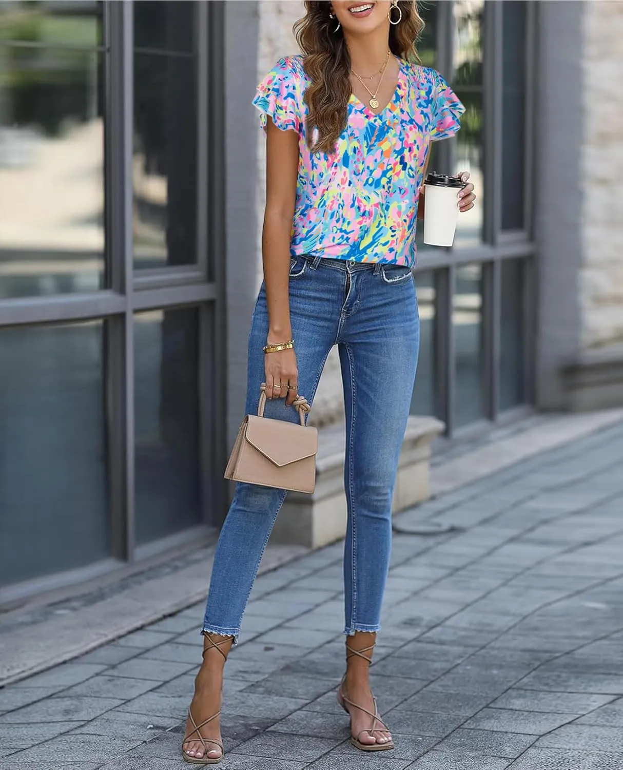 Womens Ruffle Sleeve Tops Summer Dressy Casual V Neck Tunics for Leggings Sleeveless Blouses Shirts