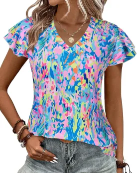 Womens Ruffle Sleeve Tops Summer Dressy Casual V Neck Tunics for Leggings Sleeveless Blouses Shirts