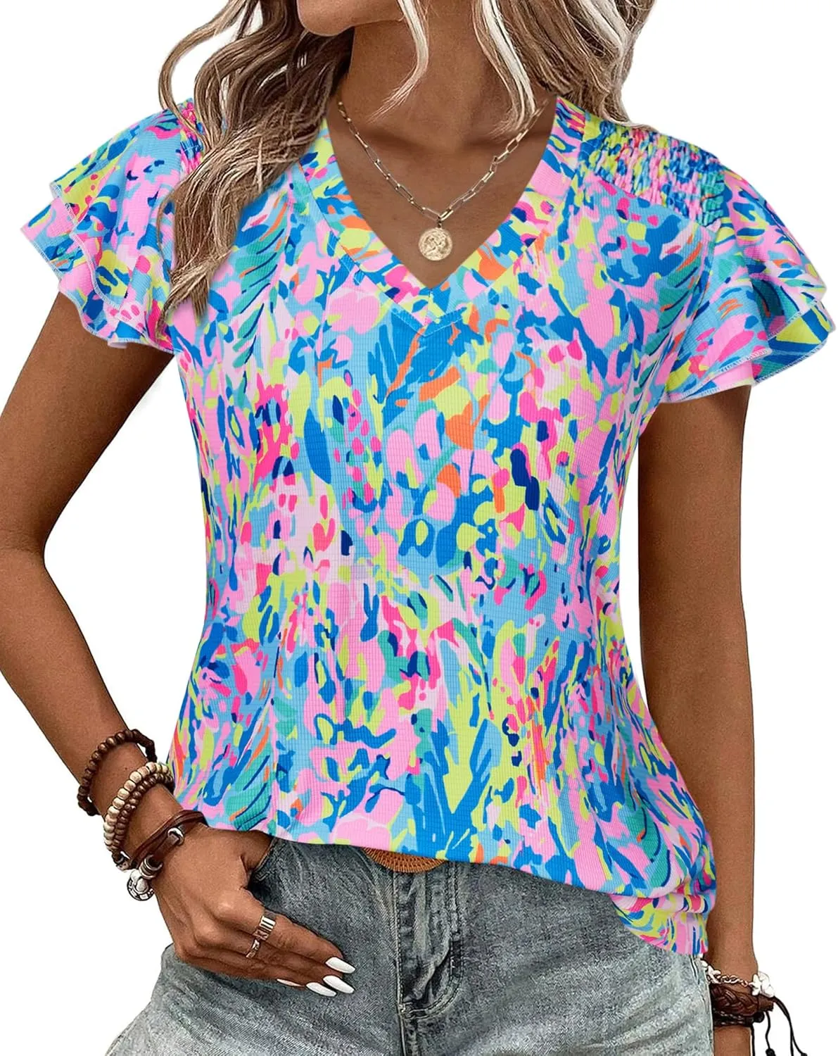 Womens Ruffle Sleeve Tops Summer Dressy Casual V Neck Tunics for Leggings Sleeveless Blouses Shirts