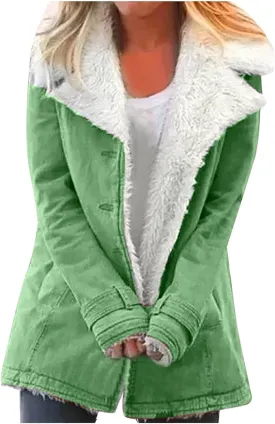 Womens Sherpa Lined Denim Jacket Lapel Collar Coat Plus Size Long Sleeve Button Down Outerwear Warm Winter Coats