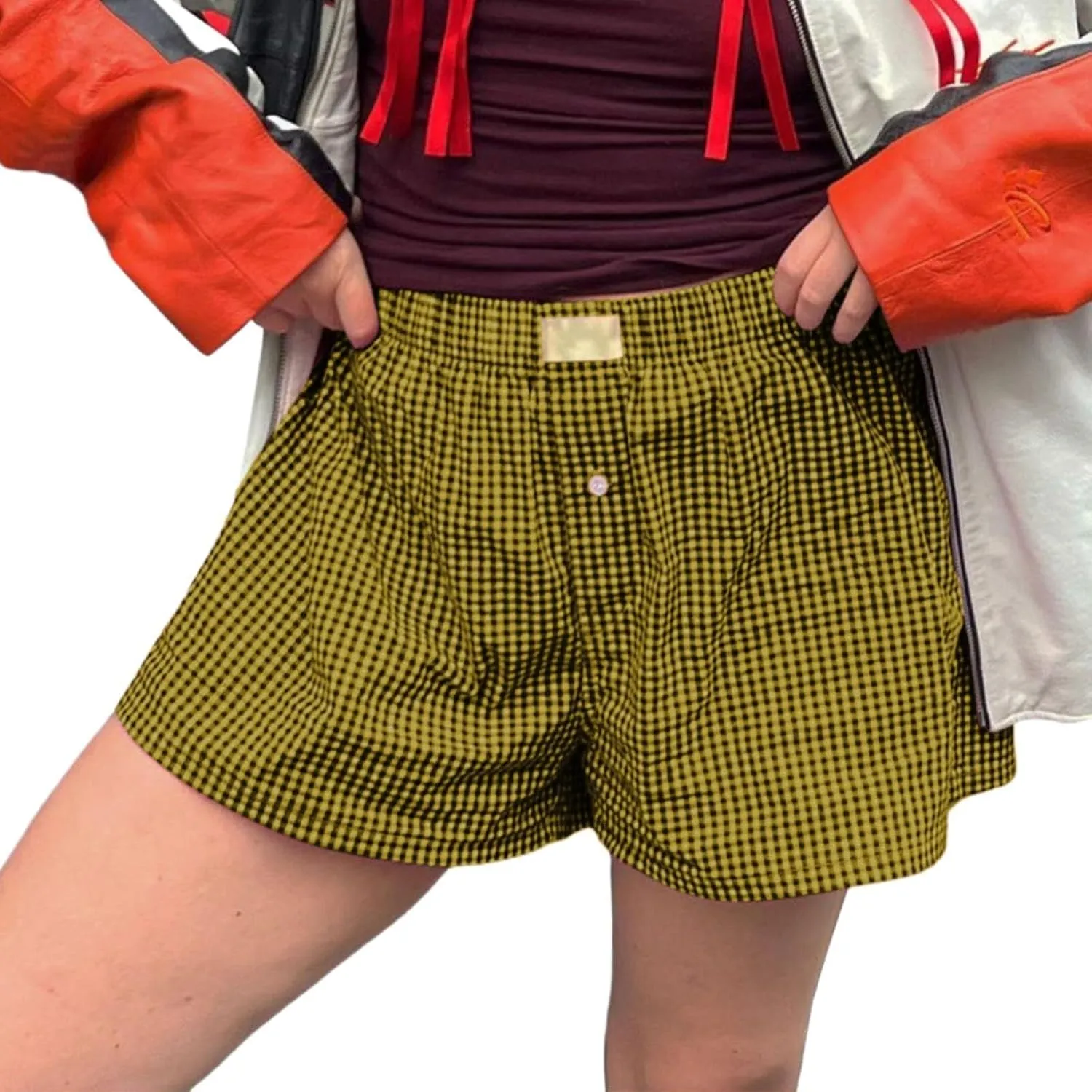 Women's Shorts Cute Soft Elastic Low Waist Plaid Print Front Pajama Shorts Sleepwear