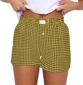 Women's Shorts Cute Soft Elastic Low Waist Plaid Print Front Pajama Shorts Sleepwear