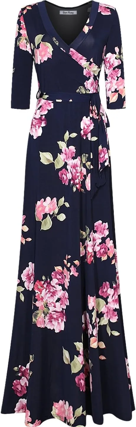 Women's Super Stretchy Maxi Party Dress Spring Floral Print Faux Wrap 3/4 Sleeve V-Neck