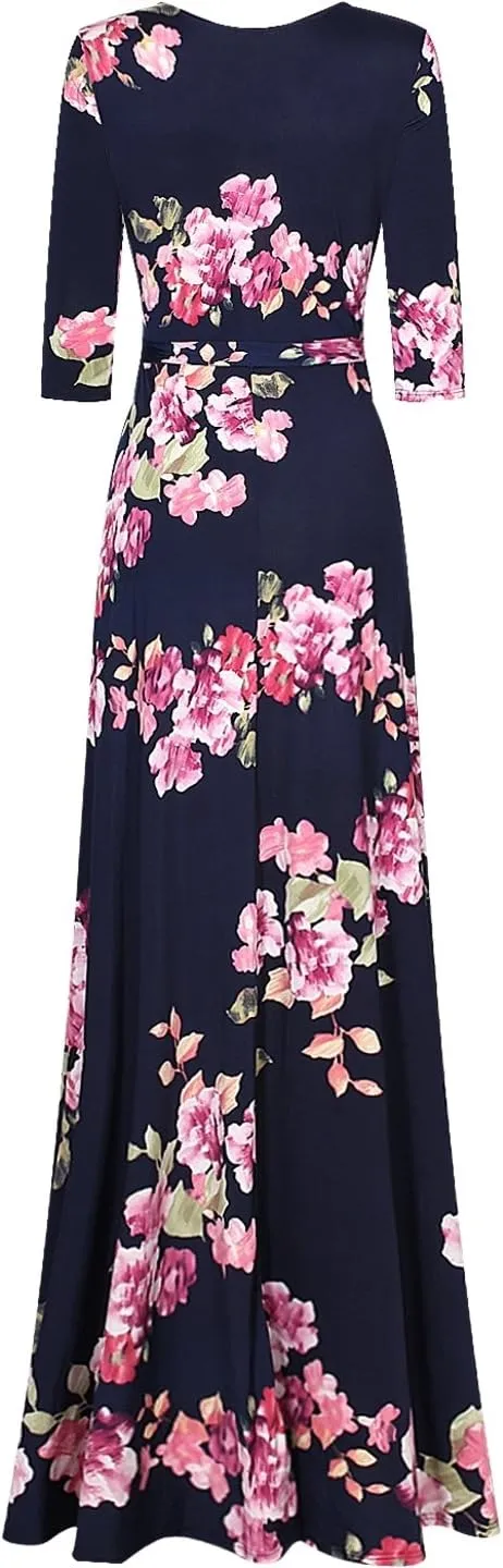 Women's Super Stretchy Maxi Party Dress Spring Floral Print Faux Wrap 3/4 Sleeve V-Neck