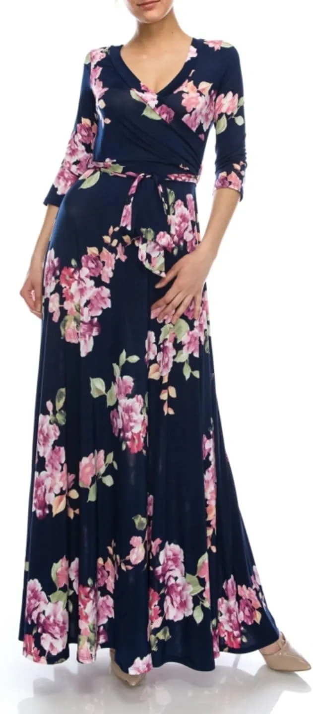 Women's Super Stretchy Maxi Party Dress Spring Floral Print Faux Wrap 3/4 Sleeve V-Neck