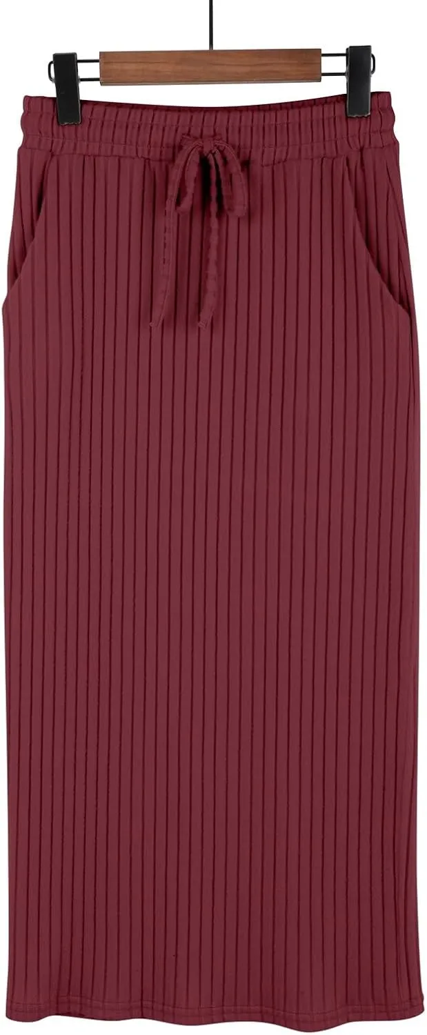 XOWRTE Women's Ribbed Knit Bodycon Maxi Skirt High Waisted Spring Fall Pencil Long Skirts Elastic High Waisted Midi Skirt