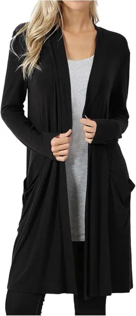 XUNRYAN Women's Long Cardigan Casual Long Sleeve Flowy Open Front Knee Length Drape Lightweight Duster Cardigans with Pockets
