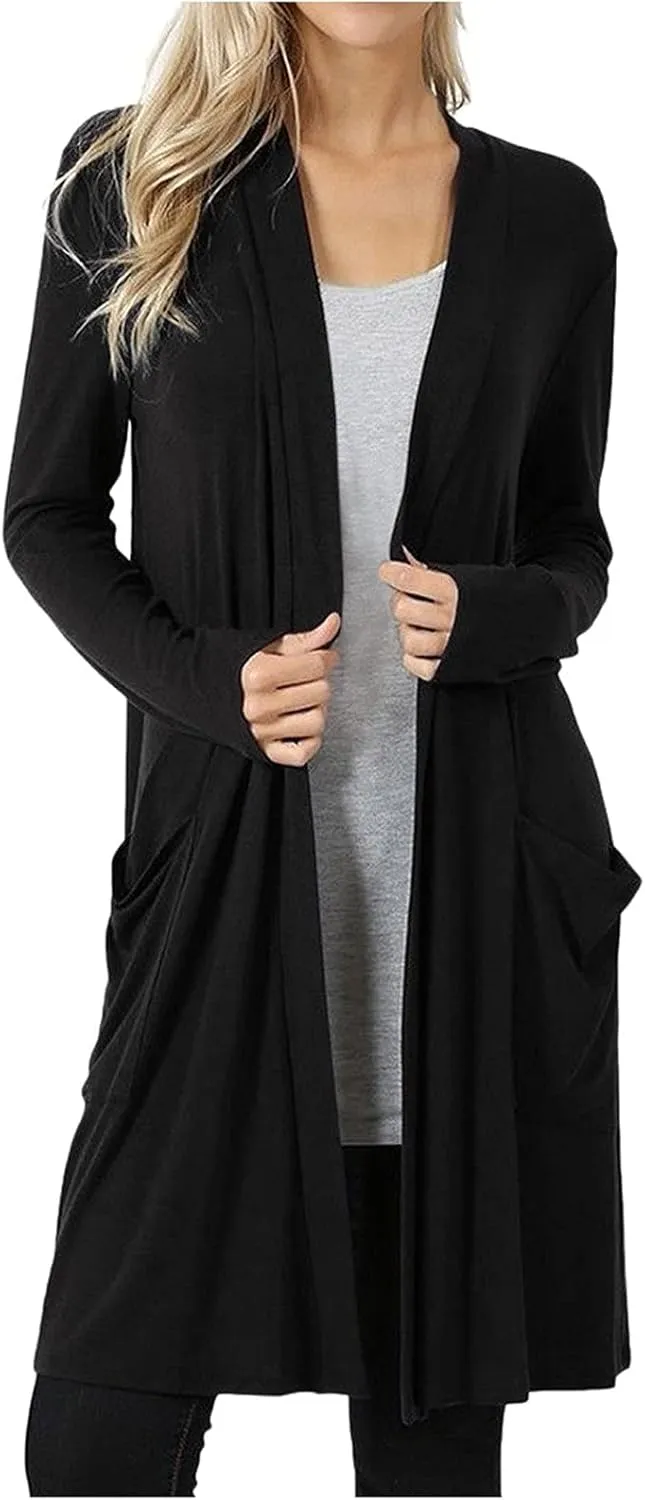 XUNRYAN Women's Long Cardigan Casual Long Sleeve Flowy Open Front Knee Length Drape Lightweight Duster Cardigans with Pockets