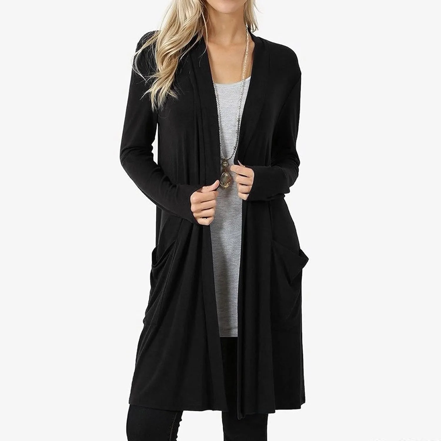 XUNRYAN Women's Long Cardigan Casual Long Sleeve Flowy Open Front Knee Length Drape Lightweight Duster Cardigans with Pockets