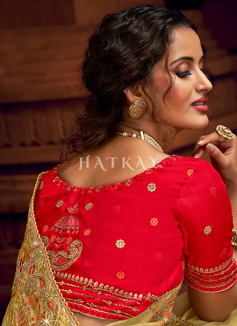 Yellow And Red Multi Embroidered Partywear Saree