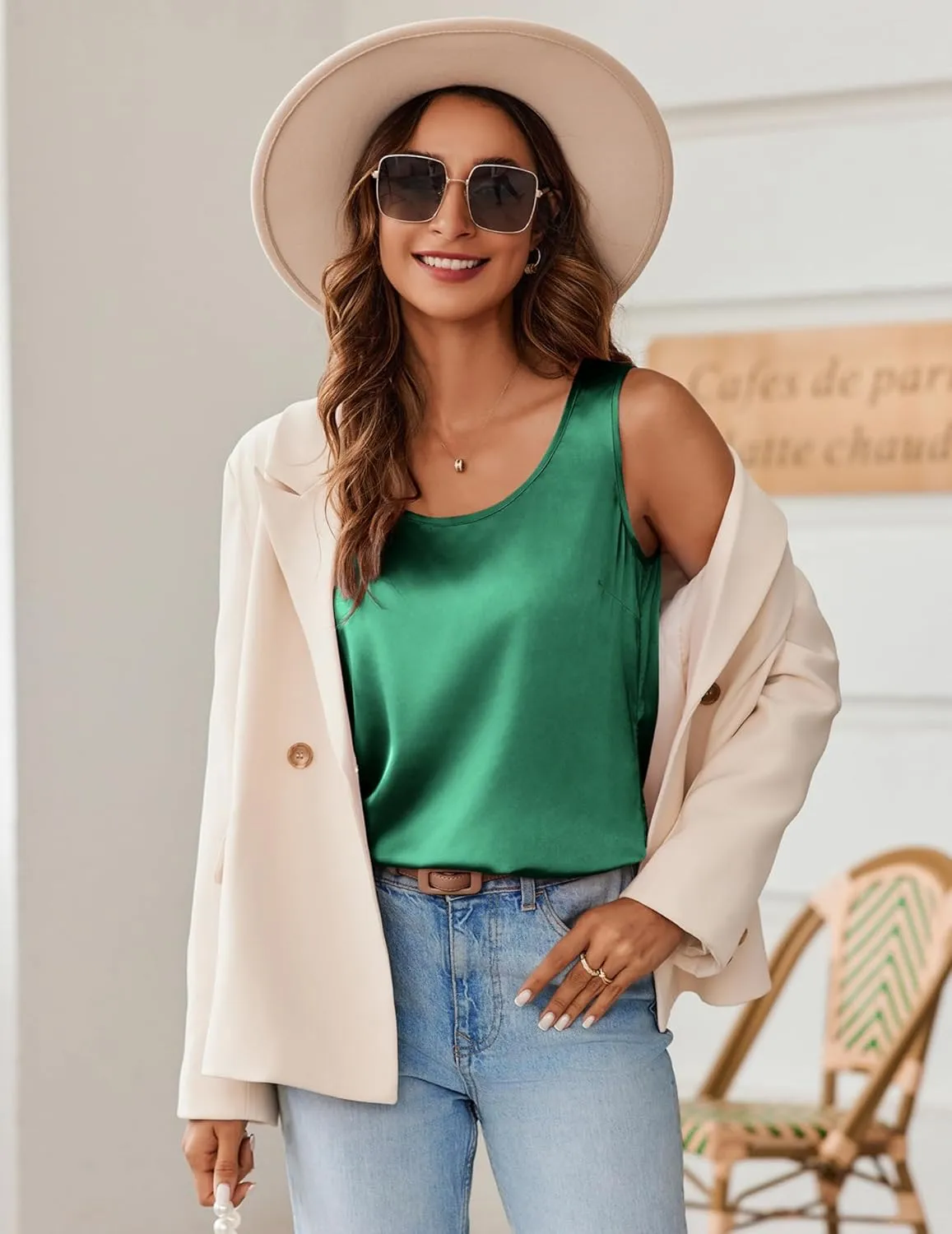 Zeagoo Silk Satin Tank Tops for Women Scoop Neck Sleeveless Camisole Tops 2025 Summer Basic Blouses